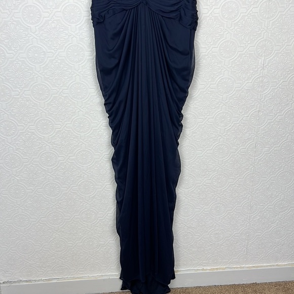 Adrianna Papell Lace Yoke Gown Drapped Dress Lacey Navy Blue Rouched Maxi - Picture 5 of 10